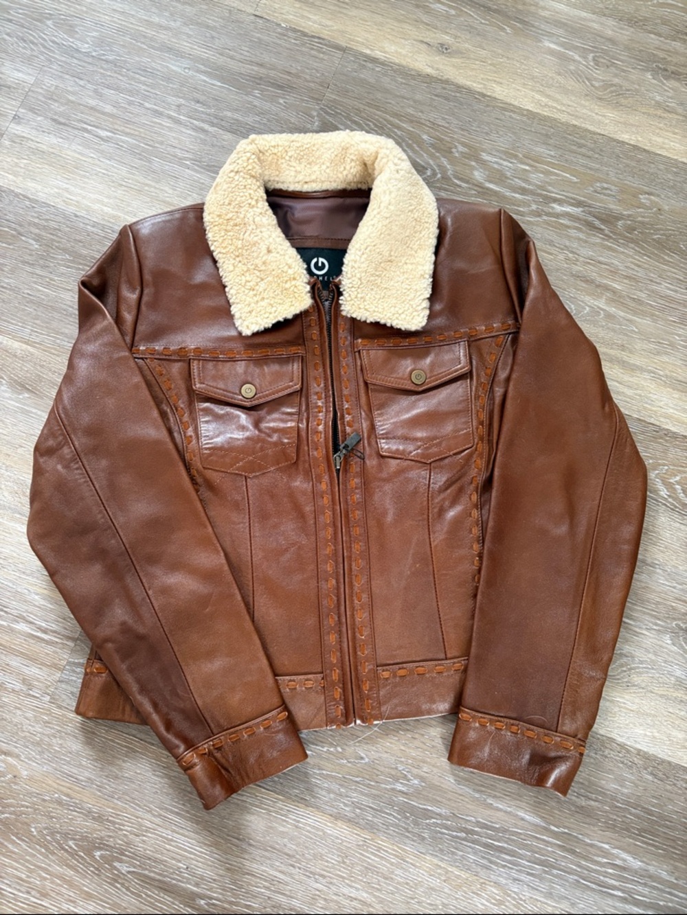 Men's Brown Leather Jacket with Cream Sherpa Collar